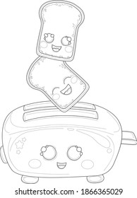Cartoon toaster with cute bread slices sketch template. Food device vector illustration in black and white for games, background, pattern, decor. Print for fabrics. Coloring paper, page, story book