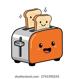 A cartoon toaster with a smiling face and two slices of toast popping up, also with smiling faces, against a white background.