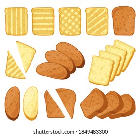 Cartoon toasts. Breakfast toasted bread, slices of bake roll, pastry wheat bakery products. Bread loaf and toasts isolated vector illustration set. Whole grain bread for sandwiches