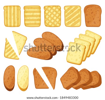 Cartoon toasts. Breakfast toasted bread, slices of bake roll, pastry wheat bakery products. Bread loaf and toasts isolated vector illustration set. Whole grain bread for sandwiches