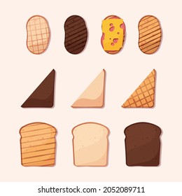 Cartoon toasts. French breads fresh sliced cooking delicious snacks for breakfast garish vector flat pictures collection