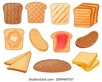 Cartoon toasts. Fresh toasted whole grain and wheat bread slices with butter and jam for breakfast. Roasted sandwich toast vector set. Toast breakfast with jam, wheat bread with butter illustration - Shutterstock ID 2009469767