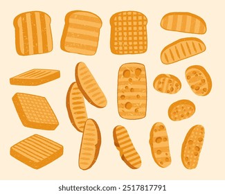 Tostadas de dibujos animados. Tostadas de pan integral, rebanadas de pan integral y crutones de granos integrales, productos de comida sana tostados para el desayuno, productos de panadería para preparar. Conjunto de Vector.