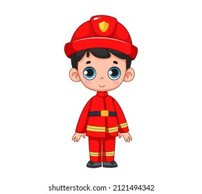 Cartoon toddler boy in a fireman costume. Rescuer and fireman profession. Vector illustration of human character in cartoon childish style. Isolated clipart on white background. cute boy print