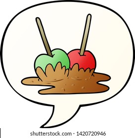 caricatura de manzanas con burbuja de habla en un estilo de gradiente suave