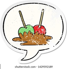 caricatura toffee manzanas con una burbuja de habla angustiada pegatina vieja