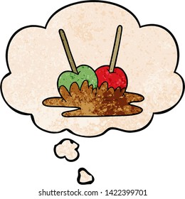cartoon toffee apples with thought bubble in grunge texture style