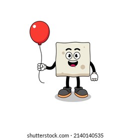 Cartoon of tofu holding a balloon , character design