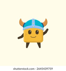 Cartoon tofu vector illustration with cheerful smiling face and friendly expression. wearing viking helmet. vector design