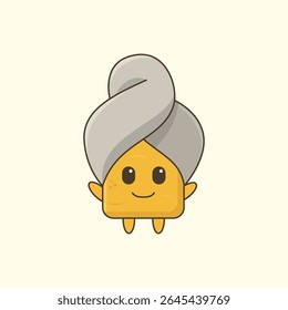 Cartoon tofu vector illustration with cheerful smiling face and friendly expression. wearing a towel on the head. Vector design