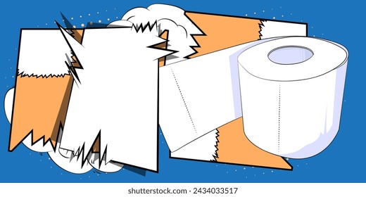 Cartoon Toilet Paper with blank speech bubble, comic book Bathroom Hygiene Accessory background. Retro vector comics pop art design.