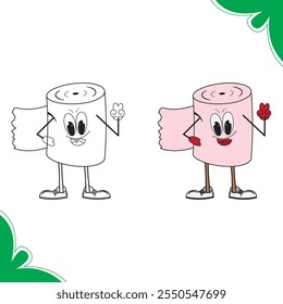 cartoon toilet paper roll character with a smiling face, wearing gloves and shoes, poses with a peace sign. This engaging and whimsical illustration features anthropomorphic elements, making it a fun.