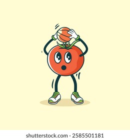 A cartoon tomato character with arms and legs is shown attempting a basketball shot.