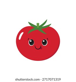 Personaje de tomate de dibujos animados en estilo de Vector plano. Mascota amigable de tomate que simboliza el ketchup y la pasta de tomate. Cara sonriente feliz, emociones alegría delicia, ojos grandes, estilo kawaii.