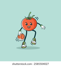 A cartoon tomato character joyfully dribbles a basketball while wearing sporty attire.