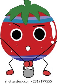 Cartoon tomato character Kettlebell Front Squat . Cute sporty tomato character making cardio workout. hand drawing cartoon