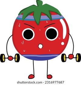 Cartoon tomato character lifting weights. Cute sporty tomato character making cardio workout. hand drawing cartoon