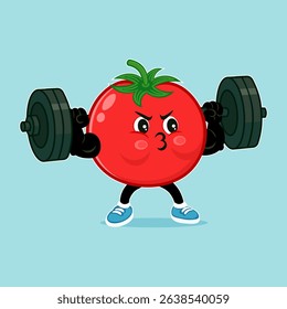 A cartoon tomato character lifts weights, showcasing strength and fitness. The image is set against a light blue background.