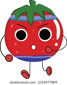 Cartoon tomato character running. Cute sporty tomato character making cardio workout. hand drawing cartoon