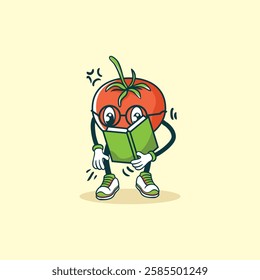 A cartoon tomato character wearing glasses enthusiastically reads a book while standing on a light beige background.