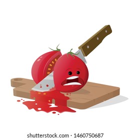 cartoon tomato cut by kitchen knife