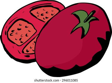 Cartoon of tomato half over white background