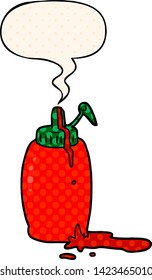 cartoon tomato ketchup bottle with speech bubble in comic book style