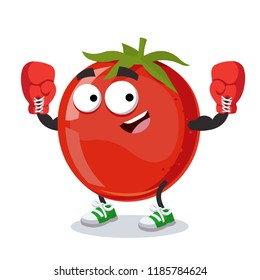 cartoon tomato mascot in red boxing gloves on white background