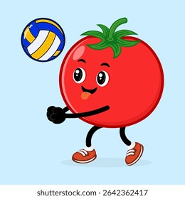 Cartoon tomato playing volleyball with a happy expression, ideal for healthy eating and sports concepts