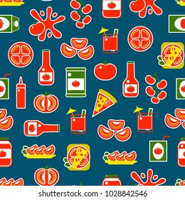 Cartoon Tomato Products Seamless Pattern Background on a Blue Include of Pizza, Ketchup and Juice Flat Style Design. Vector illustration of Type Tomato Product