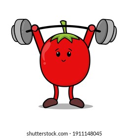 cartoon tomato in red doing weightlifting 