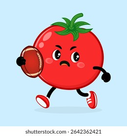 Cartoon tomato running energetically with a football, embodying the spirit of healthy eating and an active lifestyle in a fun way
