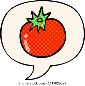 cartoon tomato with speech bubble in comic book style
