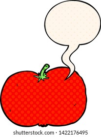 cartoon tomato with speech bubble in comic book style