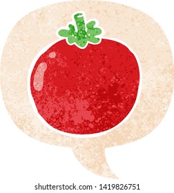 cartoon tomato with speech bubble in grunge distressed retro textured style