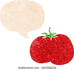 cartoon tomato with speech bubble in grunge distressed retro textured style