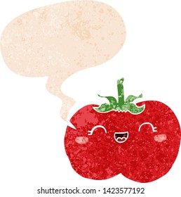 tomate de dibujos animados con burbuja de habla en un estilo retro angustiado con textura estrafalaria
