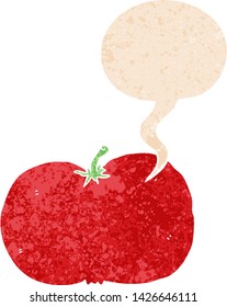 cartoon tomato with speech bubble in grunge distressed retro textured style