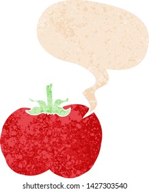 tomate de dibujos animados con burbuja de habla en un estilo retro angustiado con textura estrafalaria