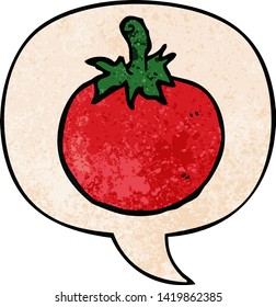 cartoon tomato with speech bubble in retro texture style