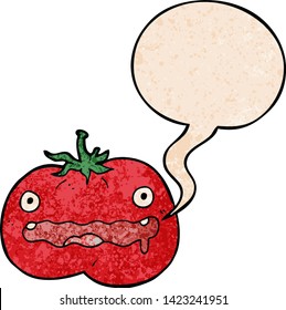 cartoon tomato with speech bubble in retro texture style