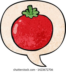 cartoon tomato with speech bubble in retro texture style