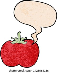 cartoon tomato with speech bubble in retro texture style