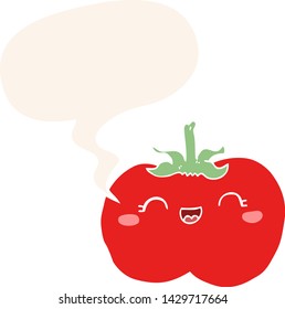 tomate de dibujos animados con burbuja de habla en estilo retro