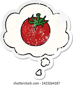 cartoon tomato with thought bubble as a distressed worn sticker