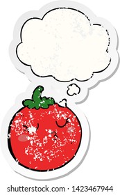 tomate de dibujos animados con burbuja de pensamiento como pegatina gastada angustiada