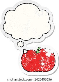 Cartoon-Tomate mit Denkblase als bedrückter abgenutzter Aufkleber