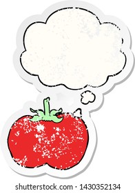 cartoon tomato with thought bubble as a distressed worn sticker