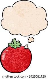 cartoon tomato with thought bubble in grunge texture style
