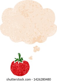 cartoon tomato with thought bubble in grunge distressed retro textured style